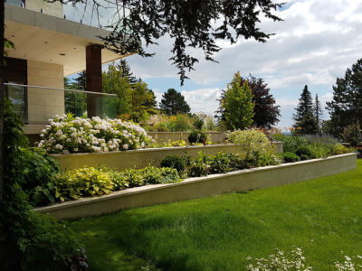 architektonikus kert mészkő támfalak travertin árnyékliliomok